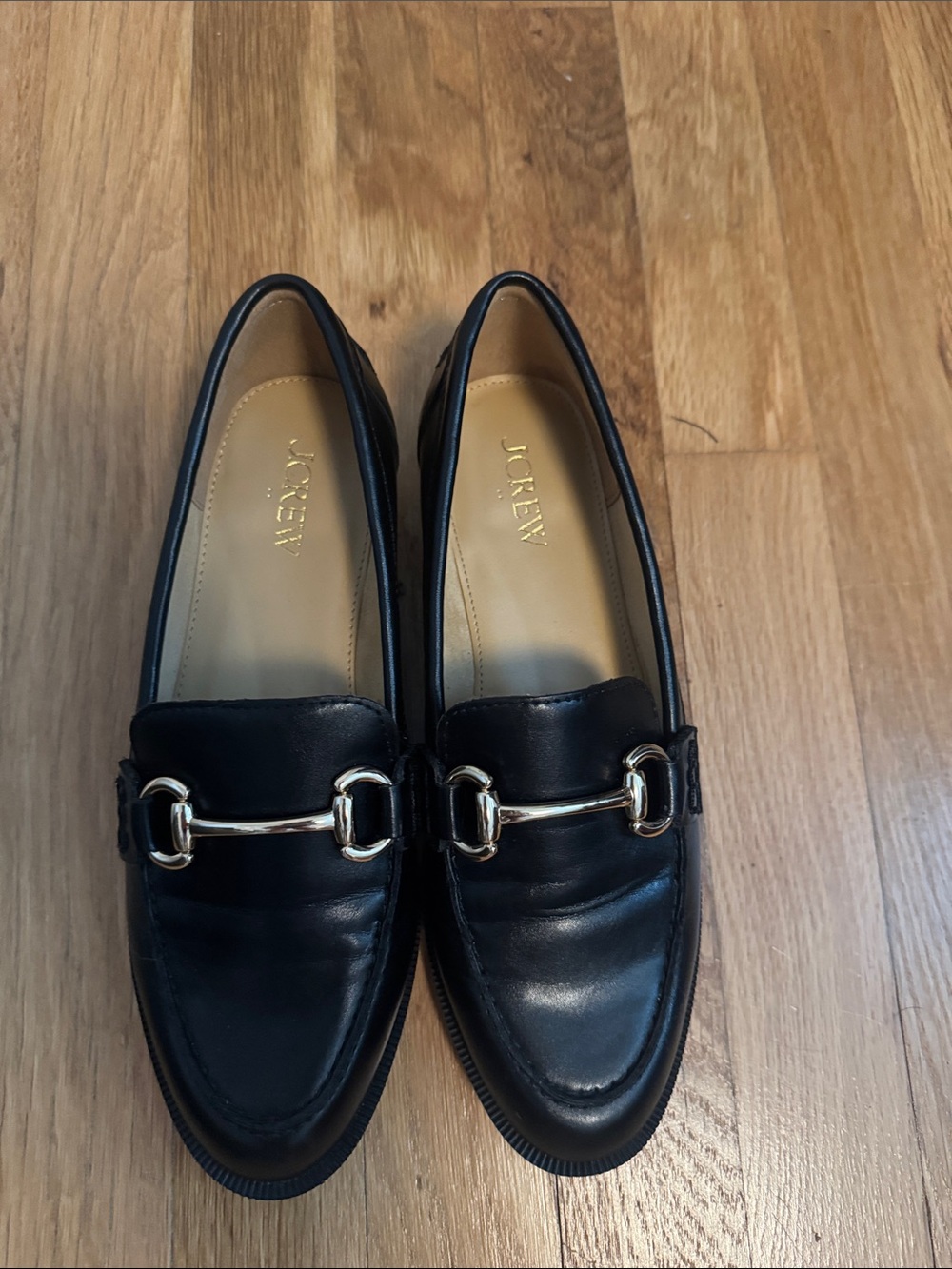EUC. J. Crew Factory Black Loafers with Gold Horsebit.  Size 7.